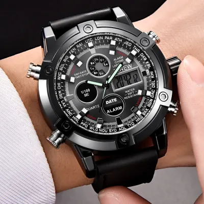 Luxury Dual Movt Men's Leather Quarz Analog Digital LED